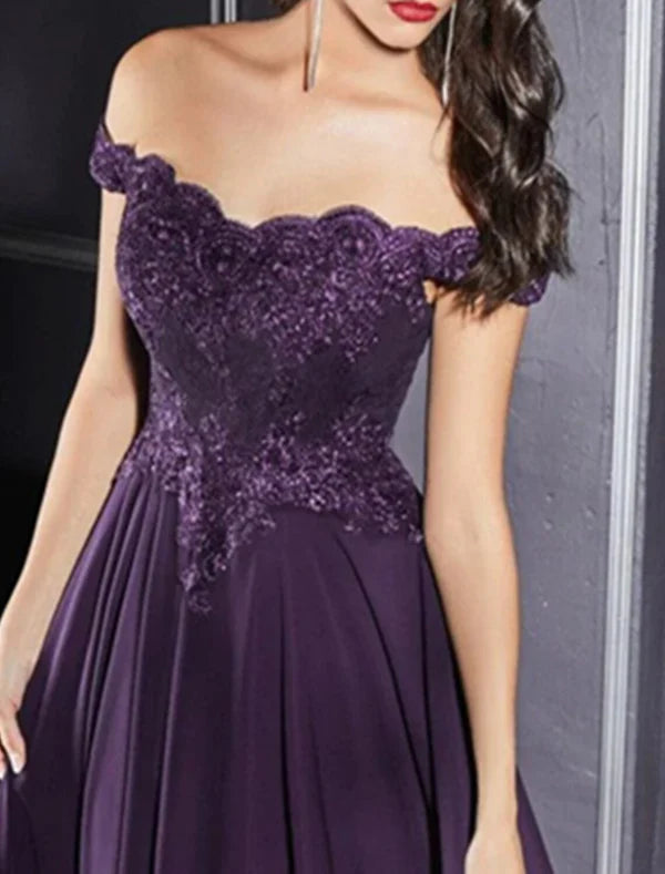Luolandi A-Line Evening Gown Formal Dress Purple Floor Length Sleeveless Off Shoulder Chiffon with Pleats Appliques Mother of the Bride Dress